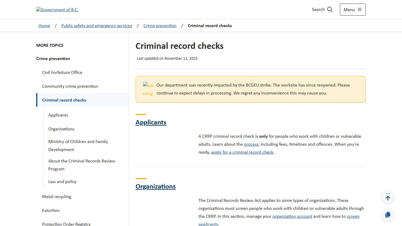 Criminal record checks - Province of British Columbia